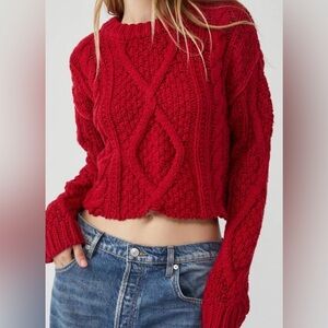 Free People Red Cable Knit Sweater L Cutting Edge 100% Cotton Crop XMAS NWT $148